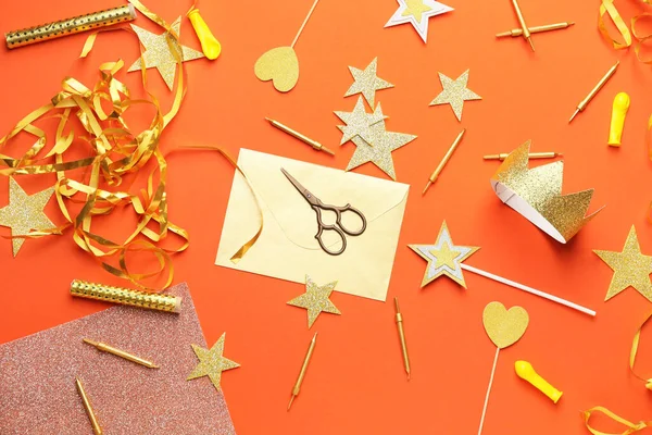 Envelope Party Decor Scissors Color Background — Stock Photo, Image