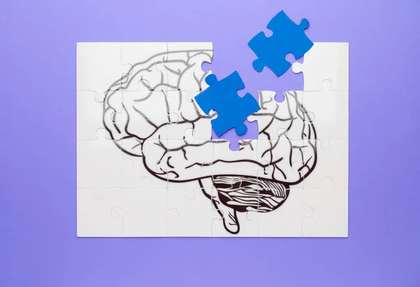 Puzzle Mit Menschlichem Gehirn Auf Farbigem Hintergrund Konzept Der Demenz — Stockfoto