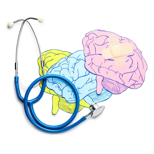 Papierowe Mózgi Stetoskop Białym Tle Pojęcie Demencji — Zdjęcie stockowe