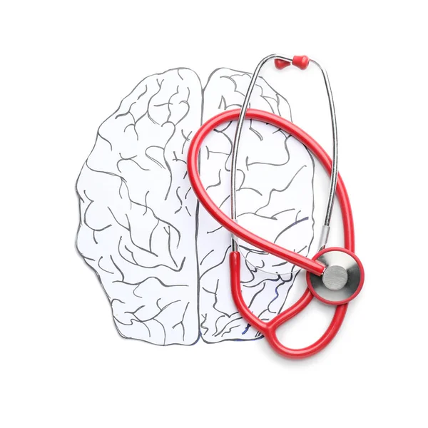 白い背景に紙の脳と聴診器 認知症の概念 — ストック写真