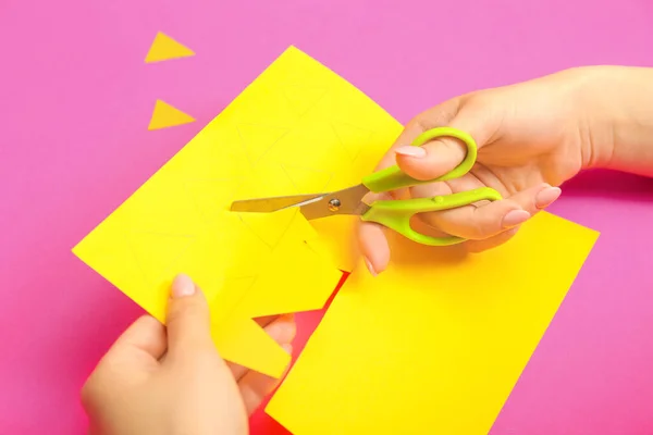 Woman Scissors Cutting Paper Color Background — Stock Photo, Image