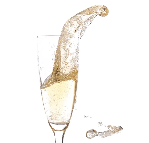 Glas Champagne Med Stänk Vit Bakgrund — Stockfoto