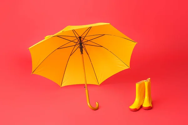 Paraguas Elegante Botas Goma Sobre Fondo Color — Foto de Stock