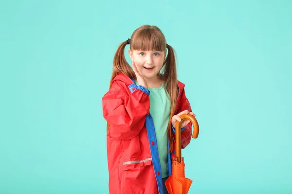 Cute Little Girl Raincoat Umbrella Color Background — Stock Photo, Image