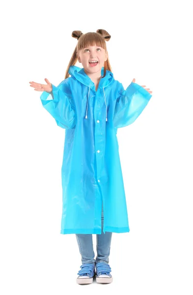 Nettes Kleines Mädchen Regenmantel Auf Weißem Hintergrund — Stockfoto