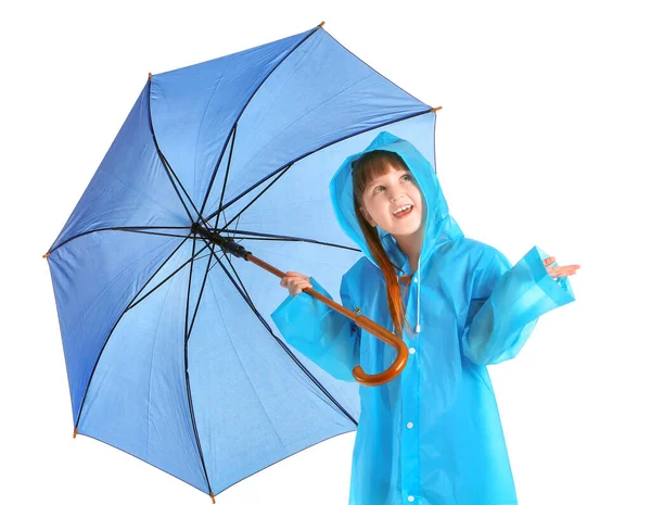 Petite Fille Mignonne Imperméable Avec Parapluie Sur Fond Blanc — Photo