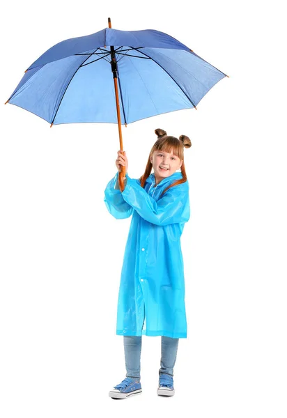 Petite Fille Mignonne Imperméable Avec Parapluie Sur Fond Blanc — Photo