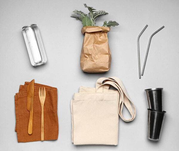 Composition with eco bag on light background