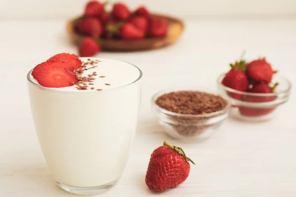 Glass Yogurt Strawberry Flax Seeds White Table — Stock Photo, Image