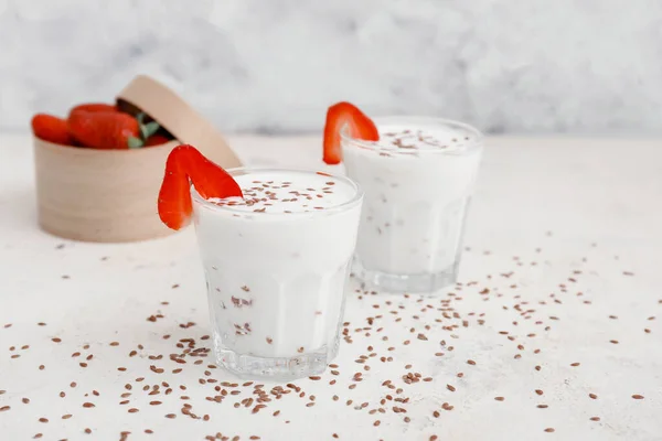 Glasses Yogurt Strawberry Flax Seeds White Background — Stock Photo, Image
