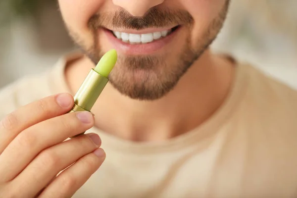 Handsome Young Man Lip Balm Home Closeup — Stock Photo, Image