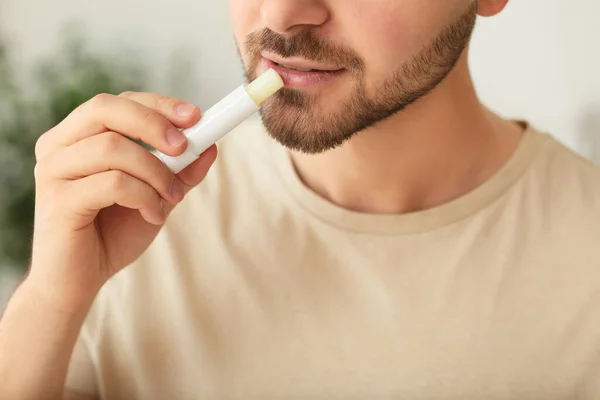 Handsome Young Man Lip Balm Home Closeup — Stock Photo, Image