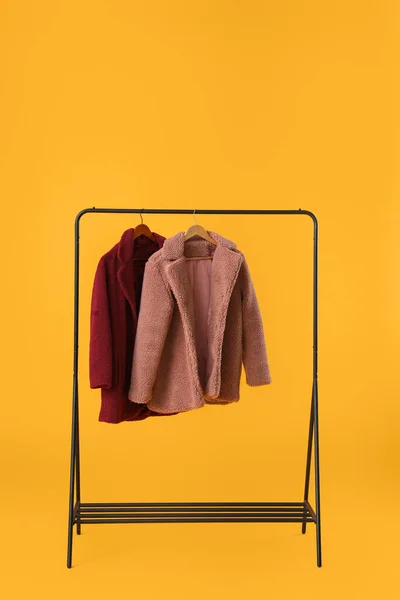 Stylish Hanger Female Clothes Color Background — Stock Photo, Image