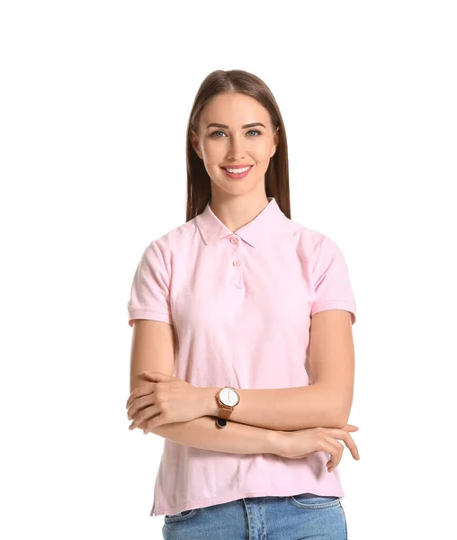 Beautiful Young Woman Stylish Polo Shirt White Background — Stock Photo, Image