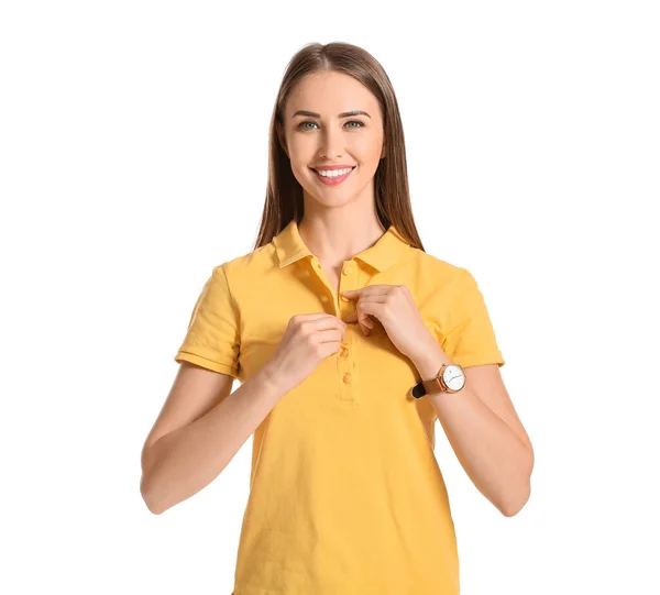 Beautiful Young Woman Stylish Polo Shirt White Background — Stock Photo, Image