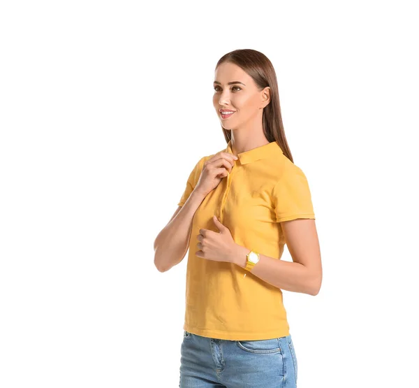 Mooie Jonge Vrouw Stijlvol Polo Shirt Witte Achtergrond — Stockfoto