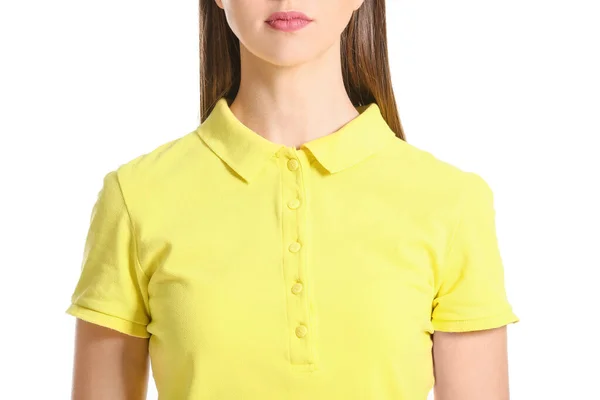 Красивая Молодая Женщина Стильной Рубашке Поло Белом Фоне — стоковое фото