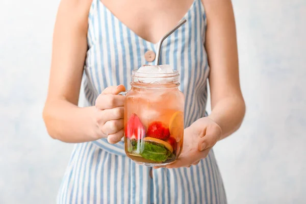 Woman Holding Mason Jar Fresh Strawberry Lemonade Light Background — Stock Photo, Image