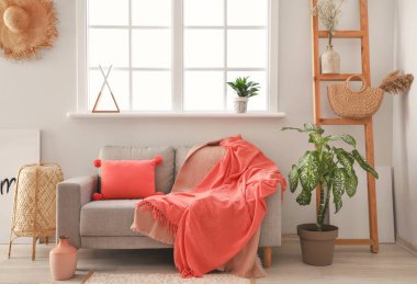 Yumuşak ekoseli kanepe ve yastıklı oda