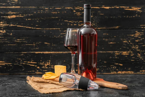 Aerator Glass Bottle Wine Cheese Dark Background — Stock Photo, Image