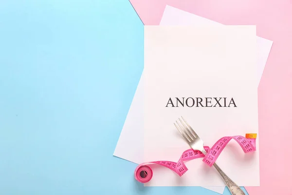 Paper Sheet Text Anorexia Measuring Tape Fork Color Background — Stock Photo, Image