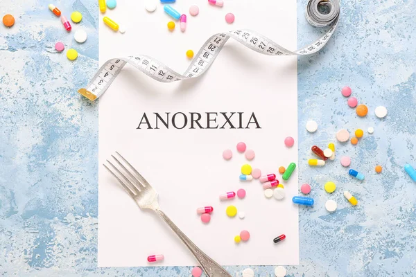 Paper Sheet Text Anorexia Measuring Tape Fork Pills Color Background — Stock Photo, Image