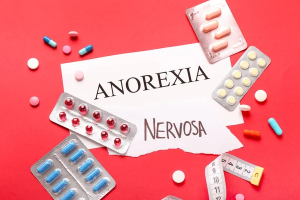 Text Anorexia Nervosa Pills Measuring Tape Color Background — Stock Photo, Image