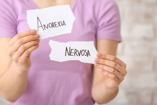 Woman Text Anorexia Nervosa Paper Pieces Closeup — Stock Photo, Image