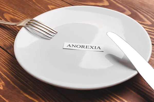 Plate Cutlery Word Anorexia Table — Stock Photo, Image