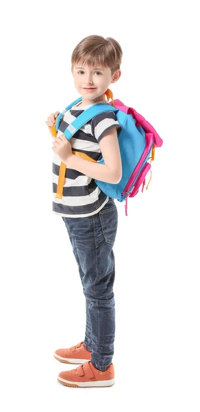 Schattig Klein Schooljongen Witte Achtergrond — Stockfoto