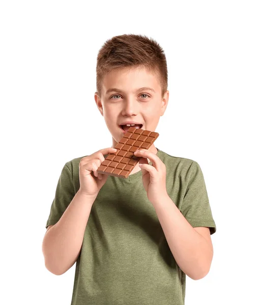 Cute Little Boy Eating Chocolate White Background — Stock Photo, Image