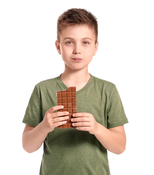 Cute Little Boy Eating Chocolate White Background — Stock Photo, Image