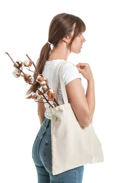 Beautiful Young Woman Cotton Flowers Shopping Bag White Background — Stock Photo, Image