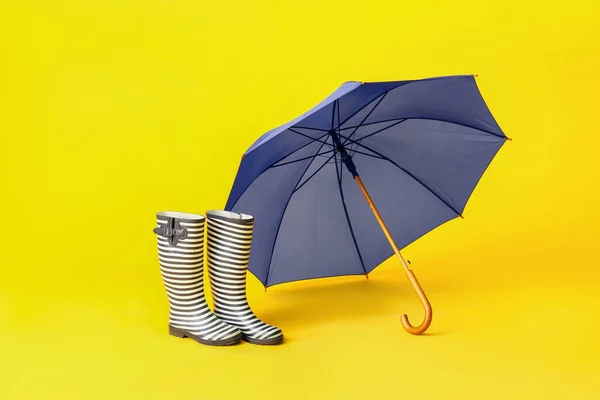 Stylish Umbrella Gumboots Color Background — Stock Photo, Image