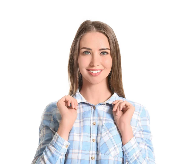 Beautiful Young Woman Stylish Shirt White Background — Stock Photo, Image