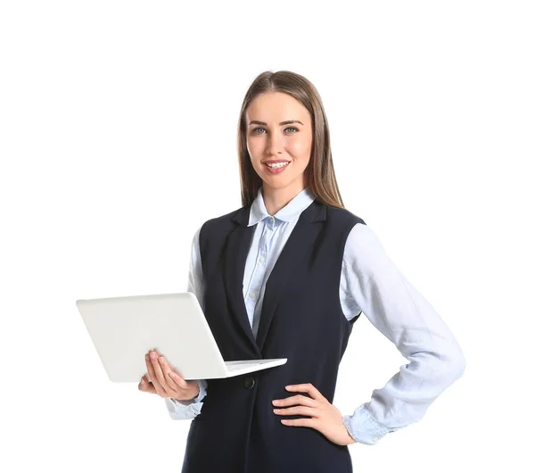 Mooie Jonge Zakenvrouw Met Laptop Witte Achtergrond — Stockfoto