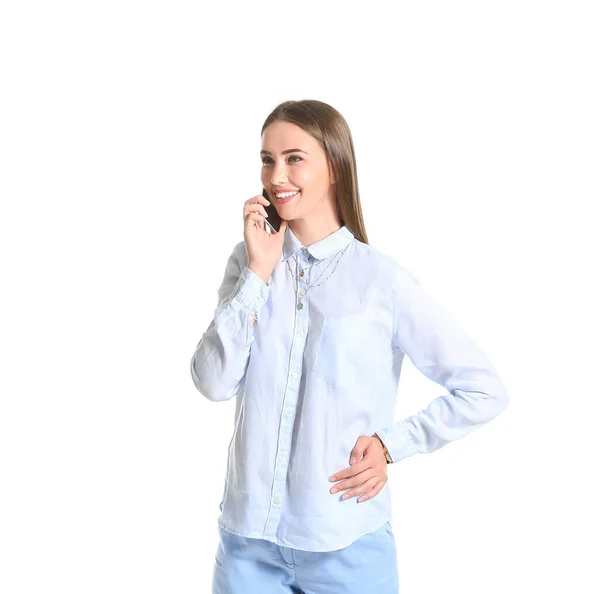 Beautiful Young Woman Stylish Shirt Talking Phone White Background — Stock Photo, Image