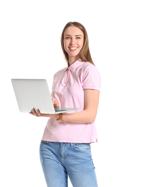 Mooie Jonge Vrouw Stijlvol Polo Shirt Met Laptop Witte Achtergrond — Stockfoto