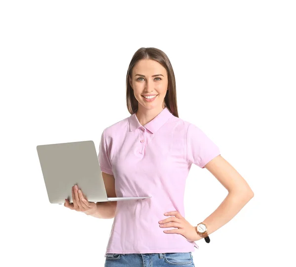 Vacker Ung Kvinna Snygg Pikétröja Och Med Laptop Vit Bakgrund — Stockfoto