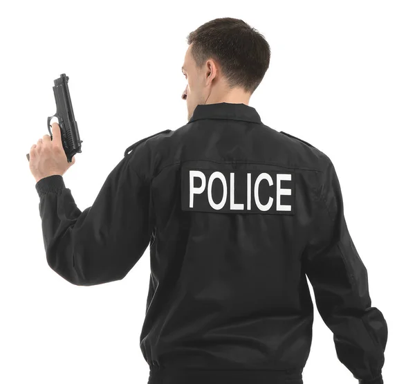 Агрессивный Офицер Полиции Пистолетом Белом Фоне Вид Сзади — стоковое фото