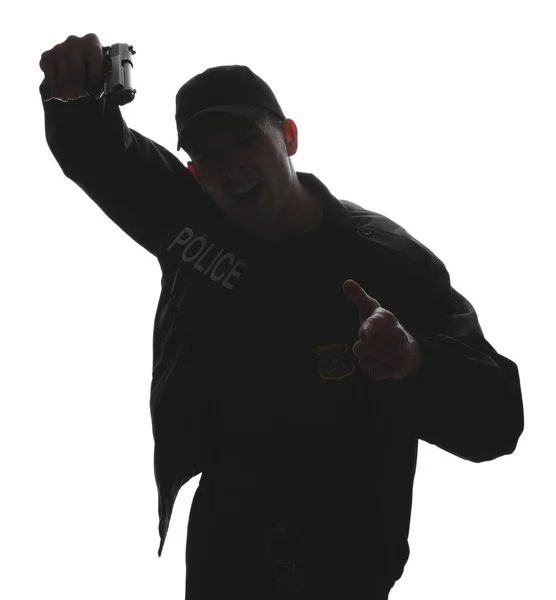 Силуэт Агрессивного Полицейского Пистолетом Белом Фоне — стоковое фото
