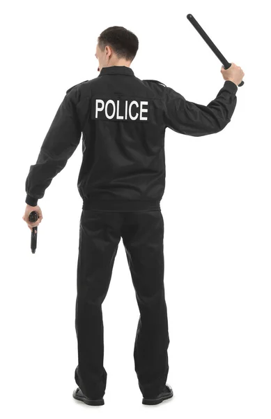 Aggressive Police Officer Gun Baton White Background Back View — Stock Photo, Image