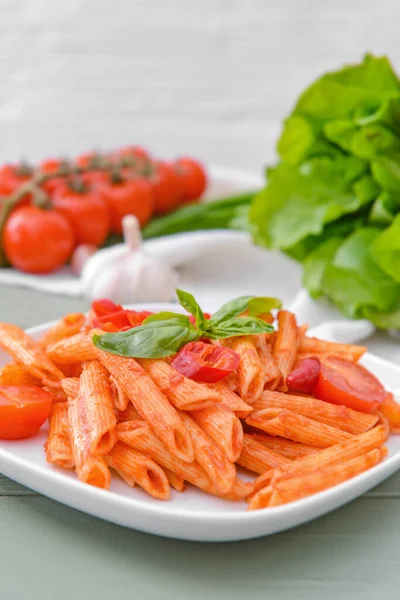 Plate Tasty Pasta Tomato Sauce Table — Stock Photo, Image