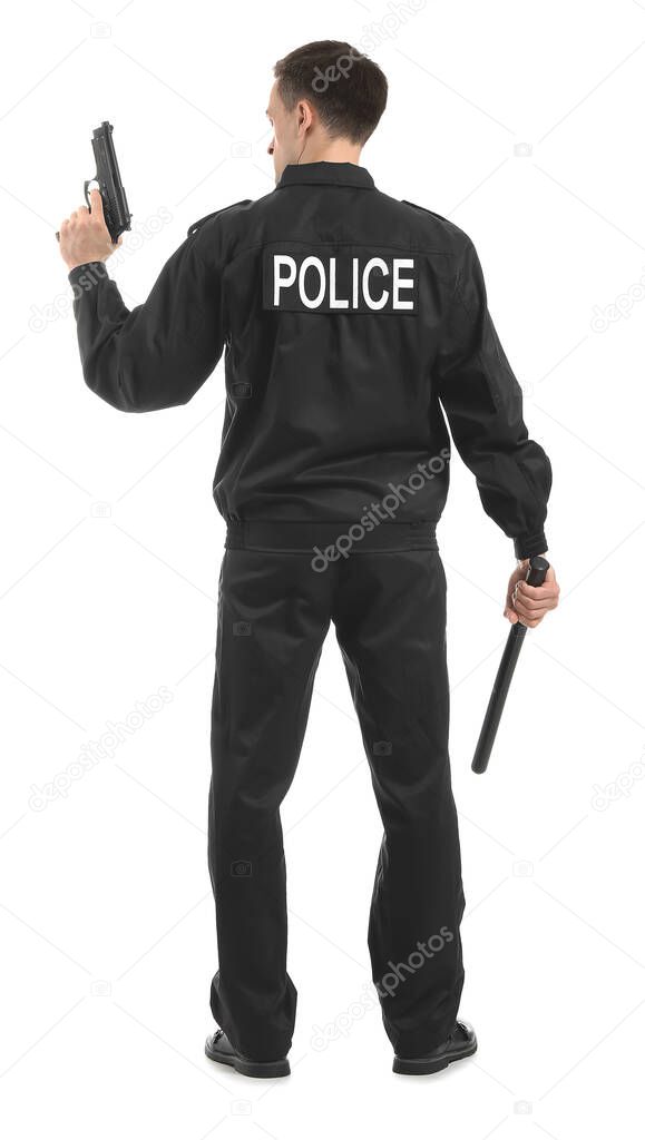 Aggressive police officer with gun and baton on white background, back view