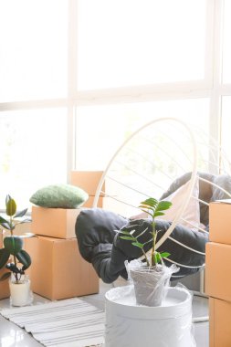 Taşınırken yeni dairede paketlenmiş eşyalar