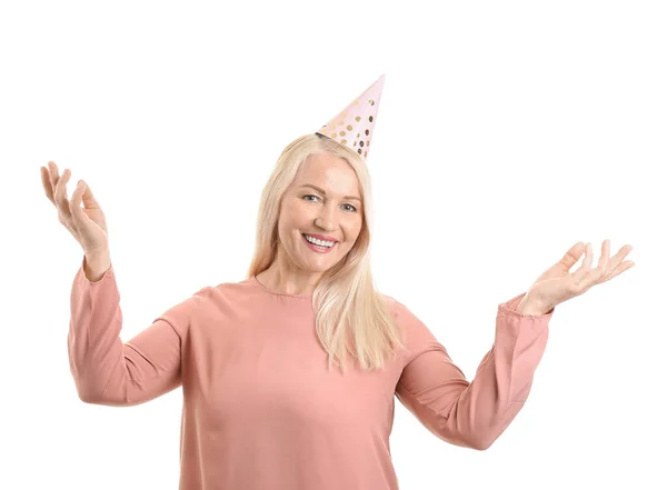 Ältere Frau Feiert Geburtstag Auf Weißem Hintergrund — Stockfoto
