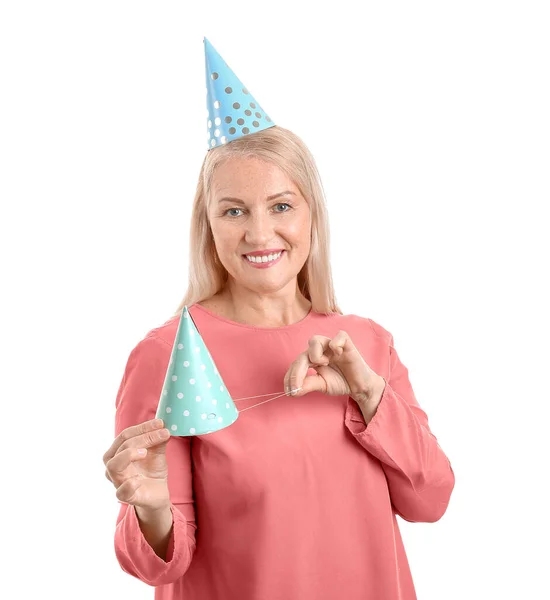 Volwassen Vrouw Vieren Verjaardag Witte Achtergrond — Stockfoto