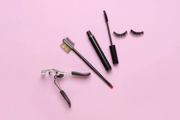 Black Mascara Fake Eyelashes Brush Curler Color Background — Stock Photo, Image