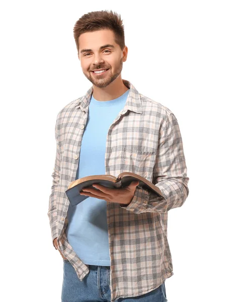 Fiatal Férfi Olvasás Biblia Fehér Háttér — Stock Fotó
