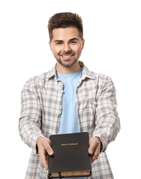 Junger Mann Mit Bibel Auf Weißem Hintergrund — Stockfoto